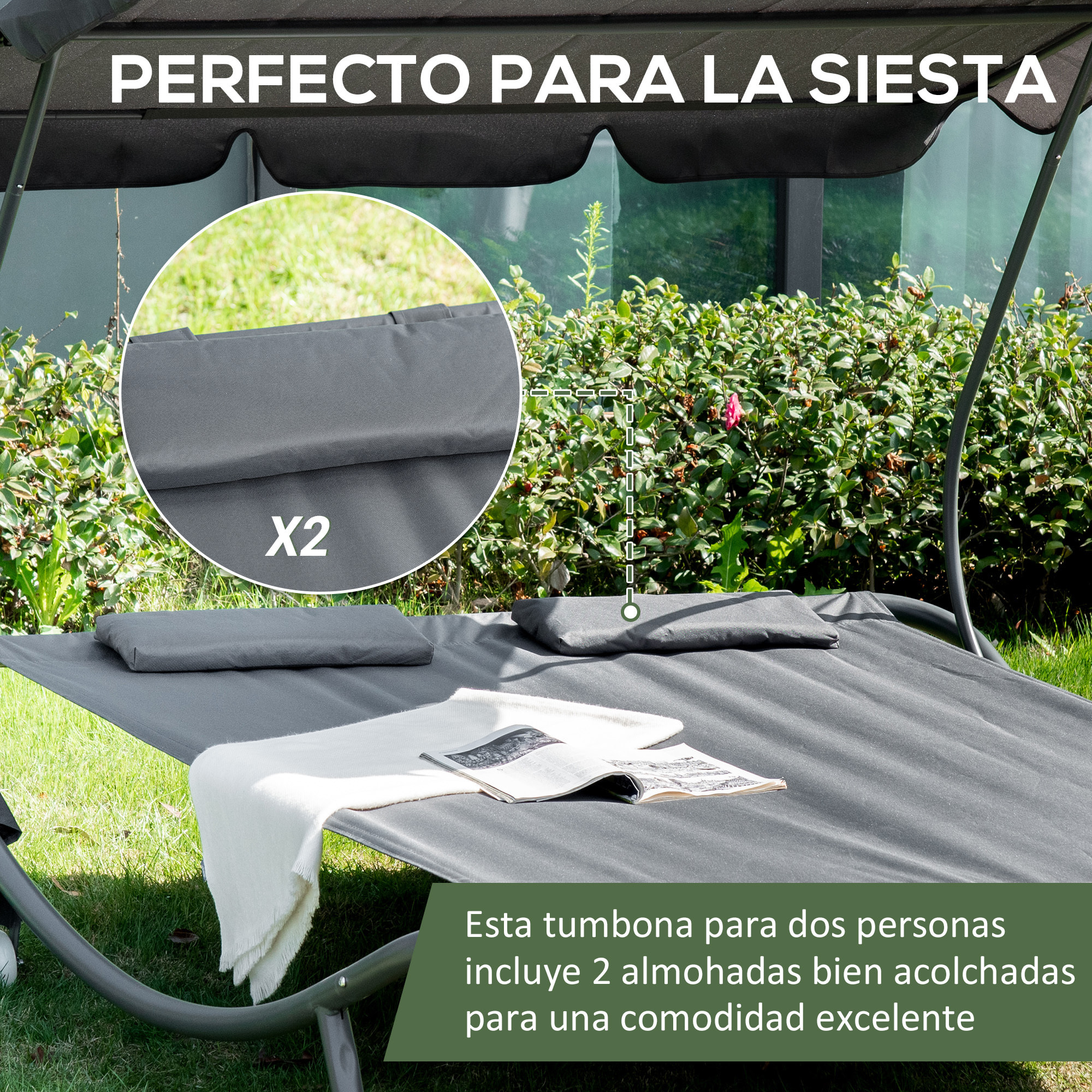 Tumbona Doble de Jardín con Toldo Ajustable Tumbona de Jardín Exterior con 2 Cojines para 2 Personas Tumbona de Piscina con 2 Ruedas 200x175x134 cm Gris