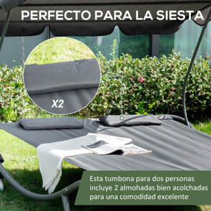 Tumbona Doble de Jardín con Toldo Ajustable Tumbona de Jardín Exterior con 2 Cojines para 2 Personas Tumbona de Piscina con 2 Ruedas 200x175x134 cm Gris