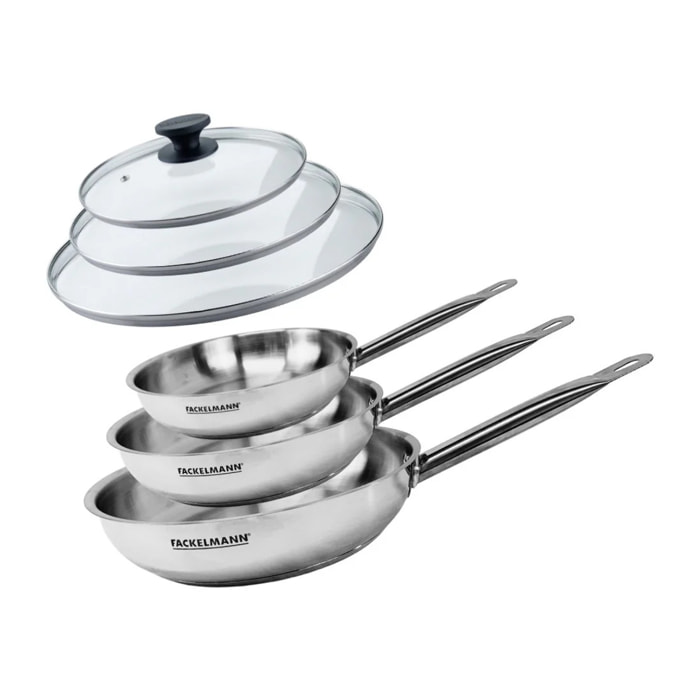 Set de 3 poêles 20 24 et 28 cm en inox et 3 couvercles en verre Fackelmann Eterna