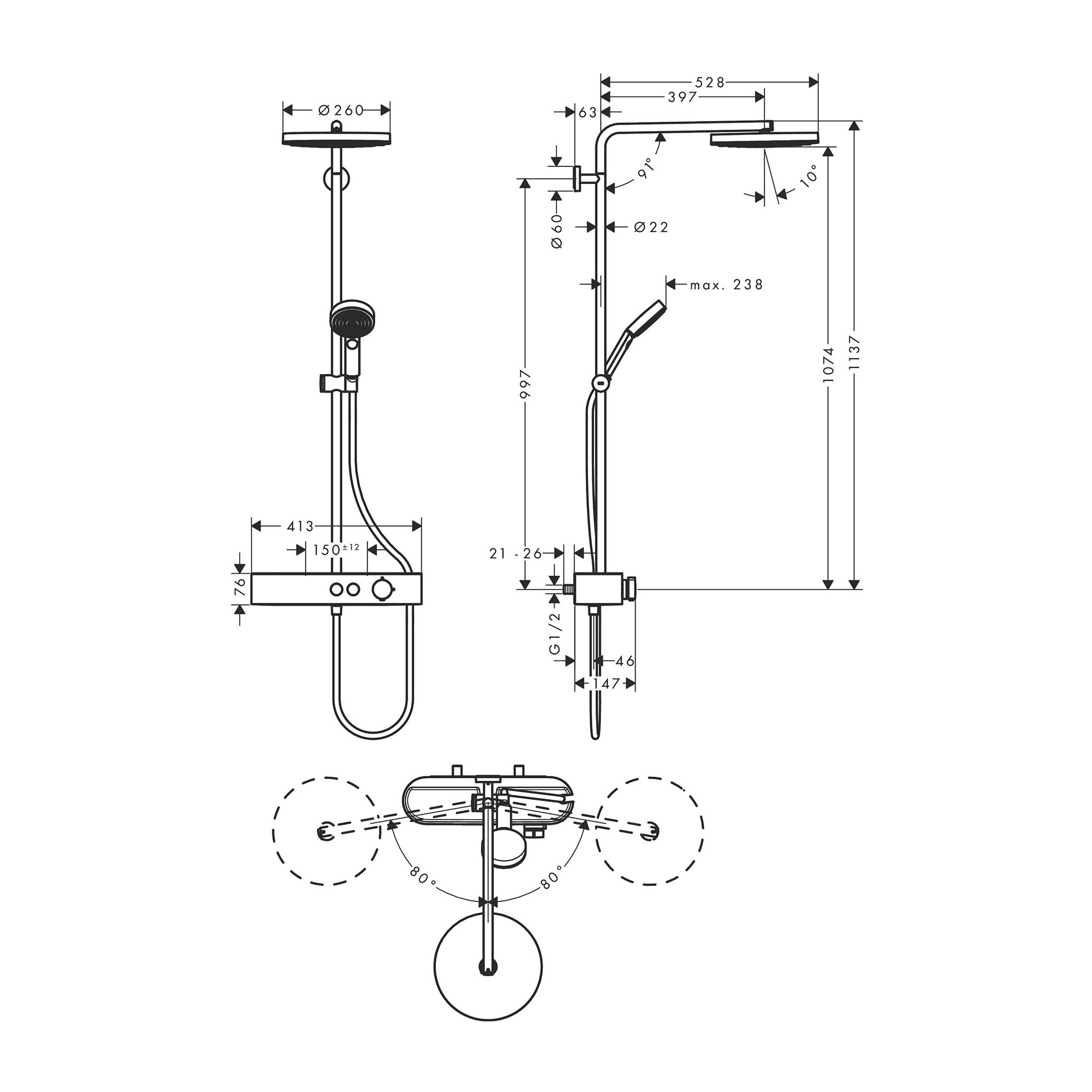 Colonne de douche 260 Pulsify S EcoSmart avec mitigeur thermostatique ShowerTablet Select 400 chromé