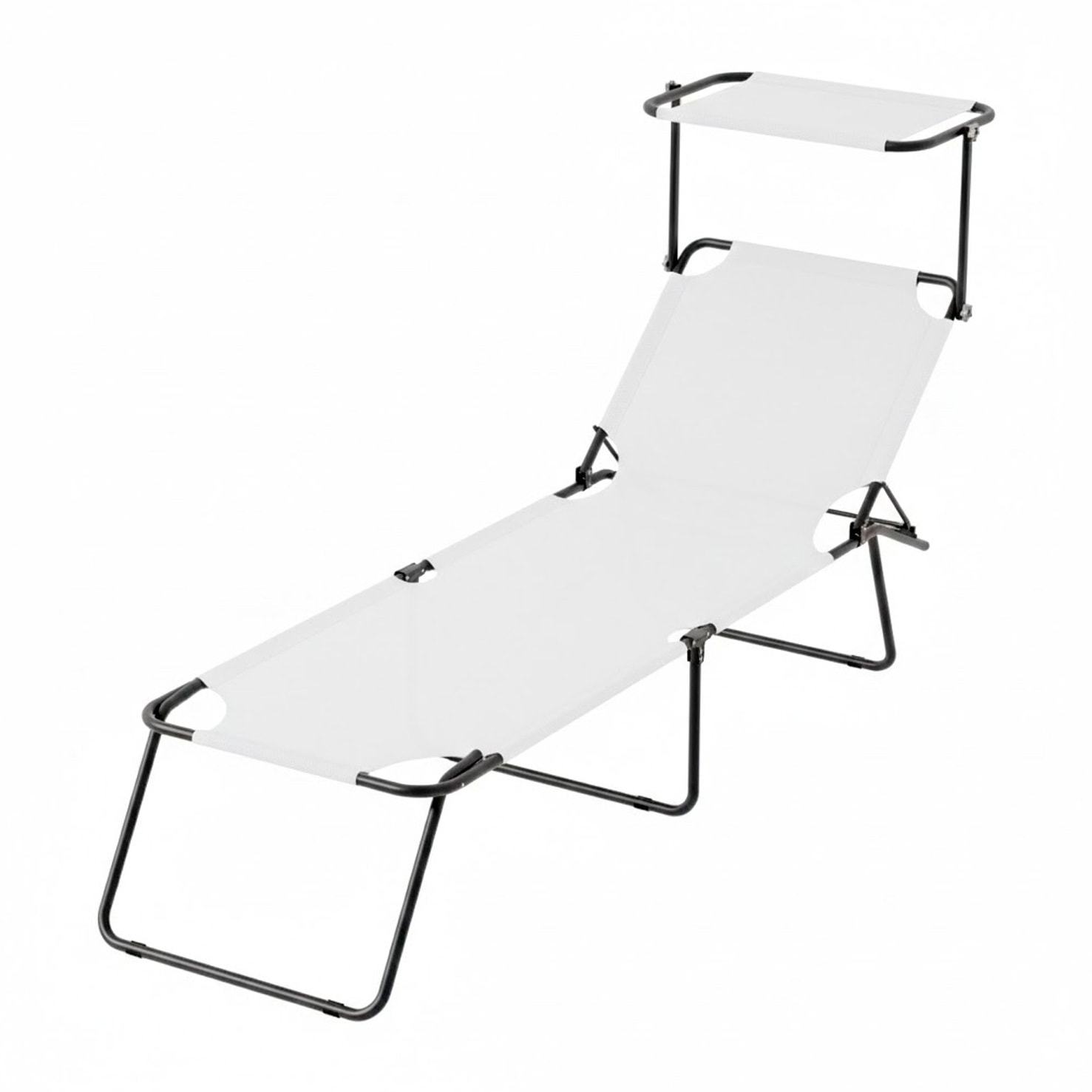 2 Lettini Pieghevoli con Tettuccio Regolabile e Schienale Reclinabile, Struttura in Metallo Nero, Sdraio Prendisole 187 x 53 x 24 cm (Bianco)
