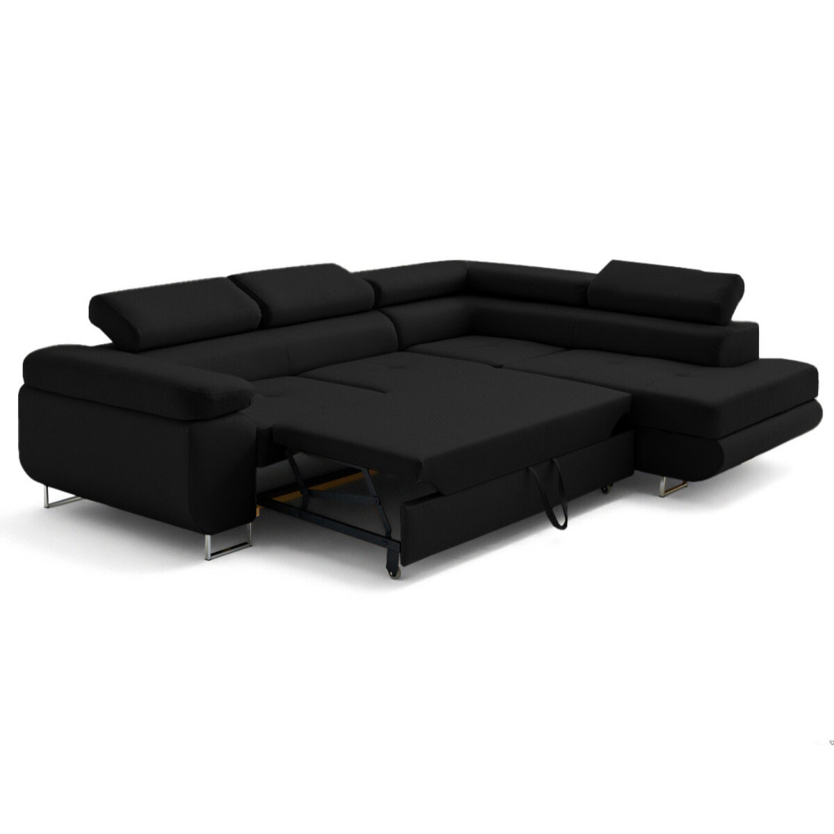 Zaria - canapé d'angle droit 5 places convertible avec coffre et têtières en simili - Noir