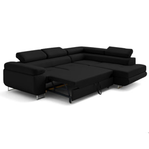 Zaria - canapé d'angle droit 5 places convertible avec coffre et têtières en simili - Noir