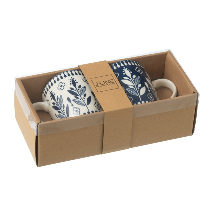 J-Line tasse Feuilles - céramique - bleu/blanc - boîte de 2