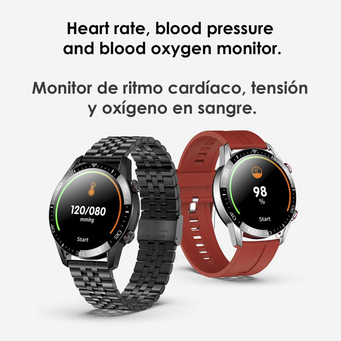 Smartwatch TK28 con cinturino in metallo, cardiofrequenzimetro, pressione sanguigna e monitor O2. Varie modalità sportive.