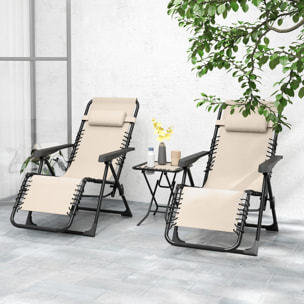 Lot de 2 chaises longues pliables inclinables zéro gravité avec table d'appoint métal textilène beige
