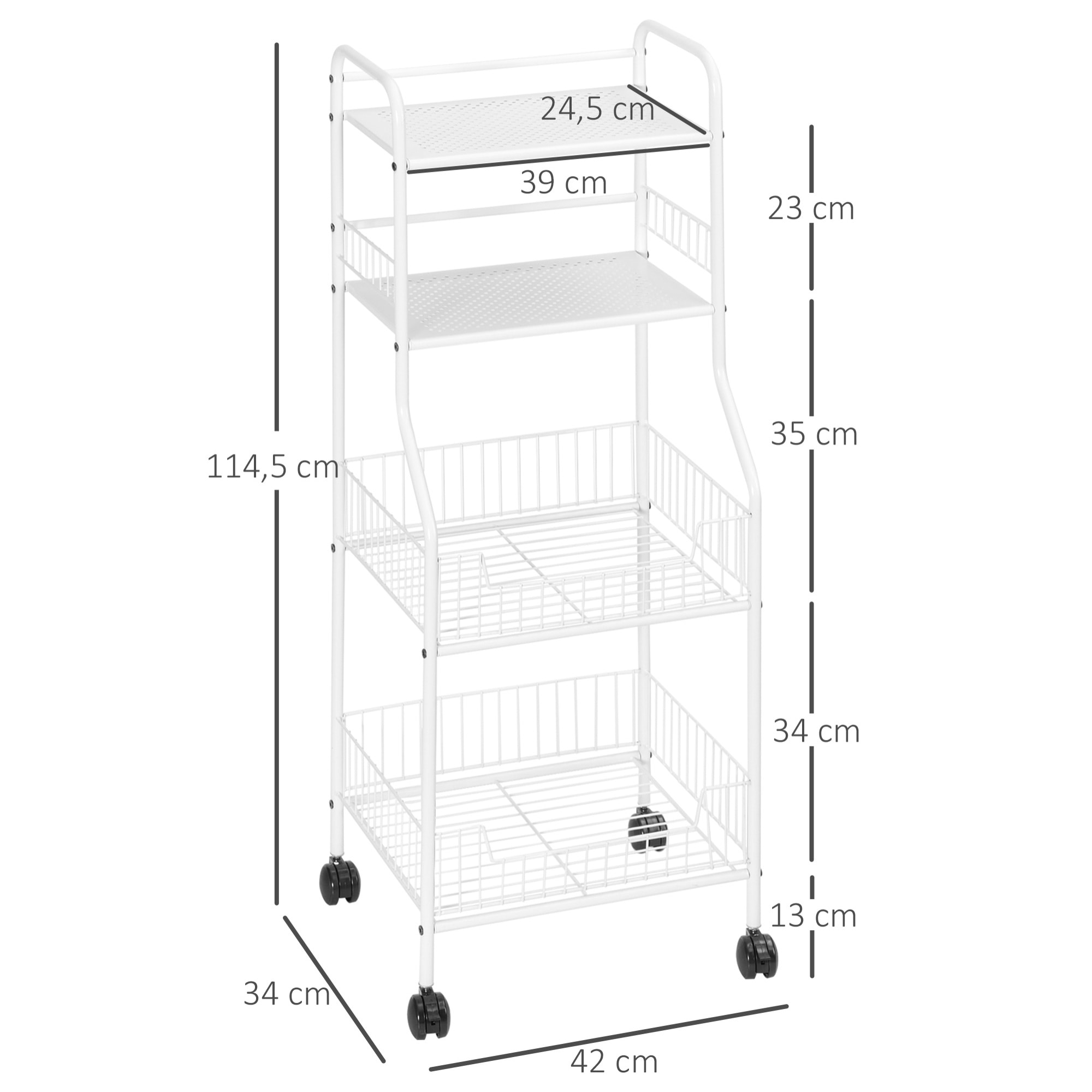 Estante de Cocina con Ruedas de Acero Carro de Almacenamiento de 4 Niveles Estantería para Microondas para Baño Salón Comedor 42x34x114,5 cm Blanco