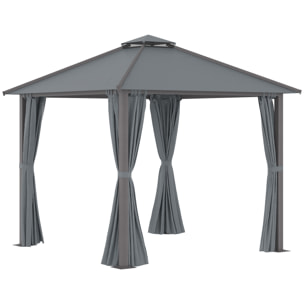 Pavillon de jardin style contemporain - barnum avec rideaux - dim. 2,96L x 2,96l x 2,8H m - alu. polyester gris