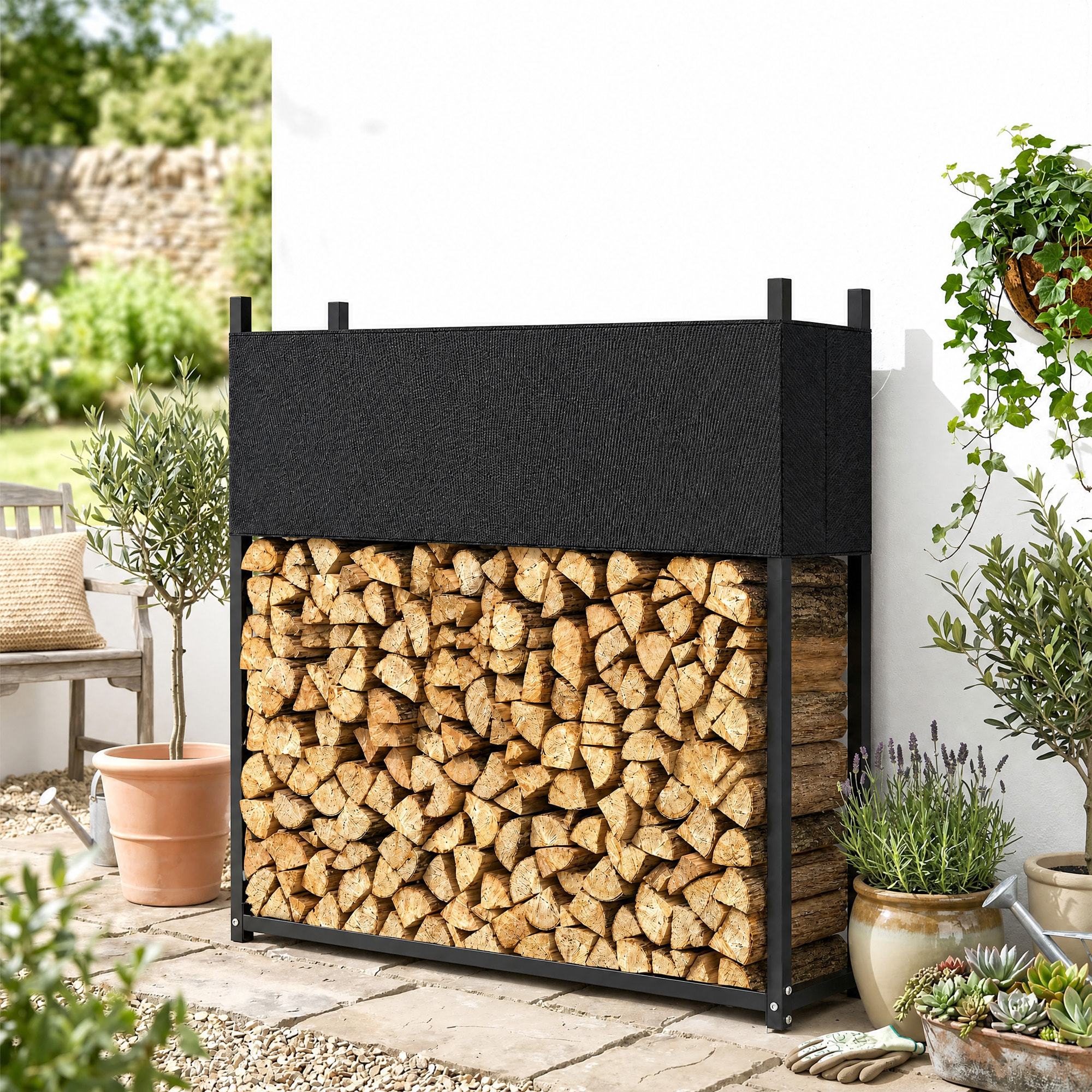 Outsunny Estante de Leña con Funda Oxford 600D, Leñero Exterior de Acero Galvanizado Robusto, Carga 250 kg, para Interior y Exterior, Jardín, Terraza, 106x25x113 cm, Negro