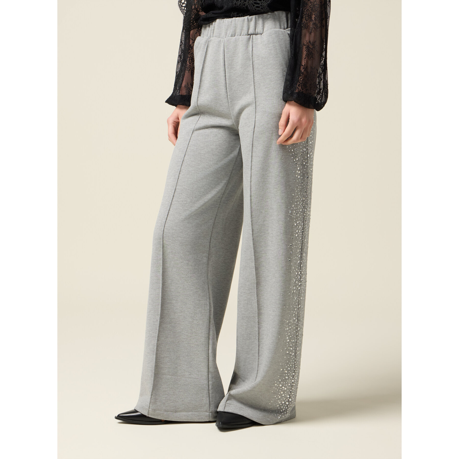 Oltre - Pantaloni palazzo in felpa con cristalli - Grigio