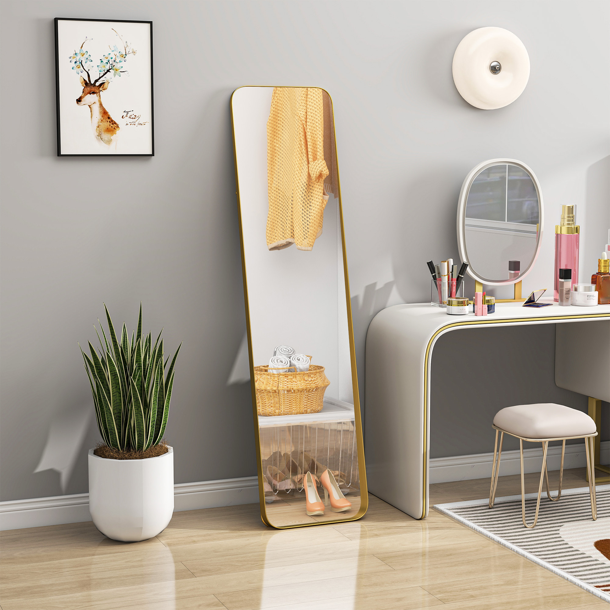 Miroir sur pied design métal doré dim. 40 x 160 cm autoportant ou à adosser