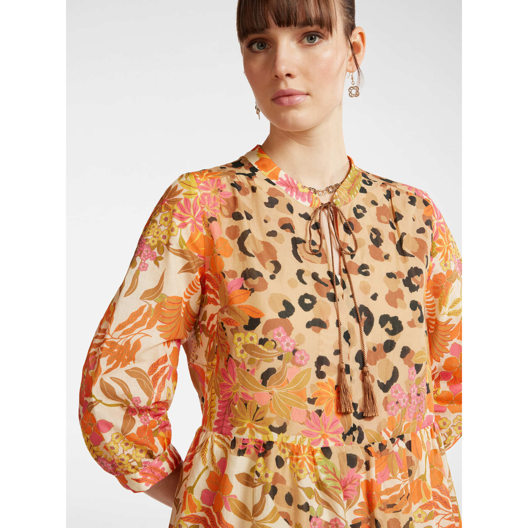 Elena Mirò - Vestido estampado con volantes - Naranja sol