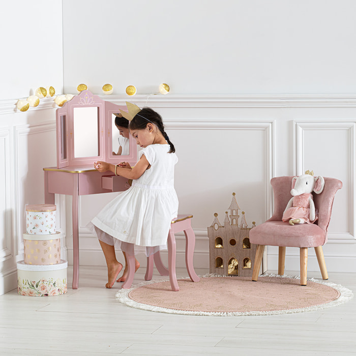 Coiffeuse et tabouret enfant "Sissi" rose L60cm