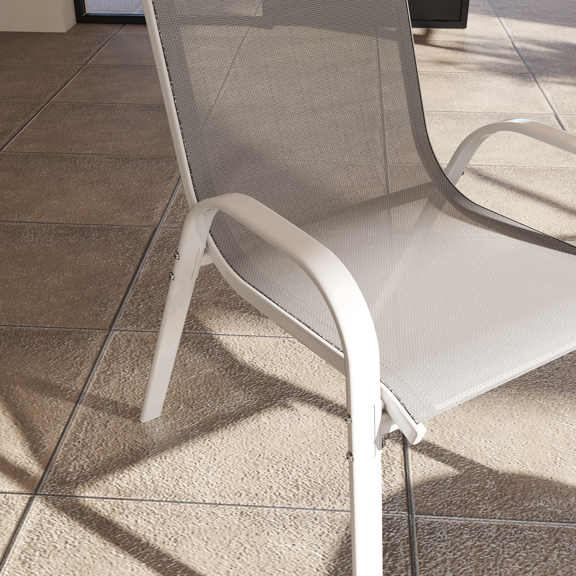Juego de 4 Sillas de Jardín Exterior Sillas Terraza Exterior Apilables Sillas de Jardín con Tela Transpirable Marco de Acero Reposabrazos y Respaldo 54x71x93 cm Gris y Blanco