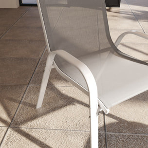 Juego de 4 Sillas de Jardín Exterior Sillas Terraza Exterior Apilables Sillas de Jardín con Tela Transpirable Marco de Acero Reposabrazos y Respaldo 54x71x93 cm Gris y Blanco