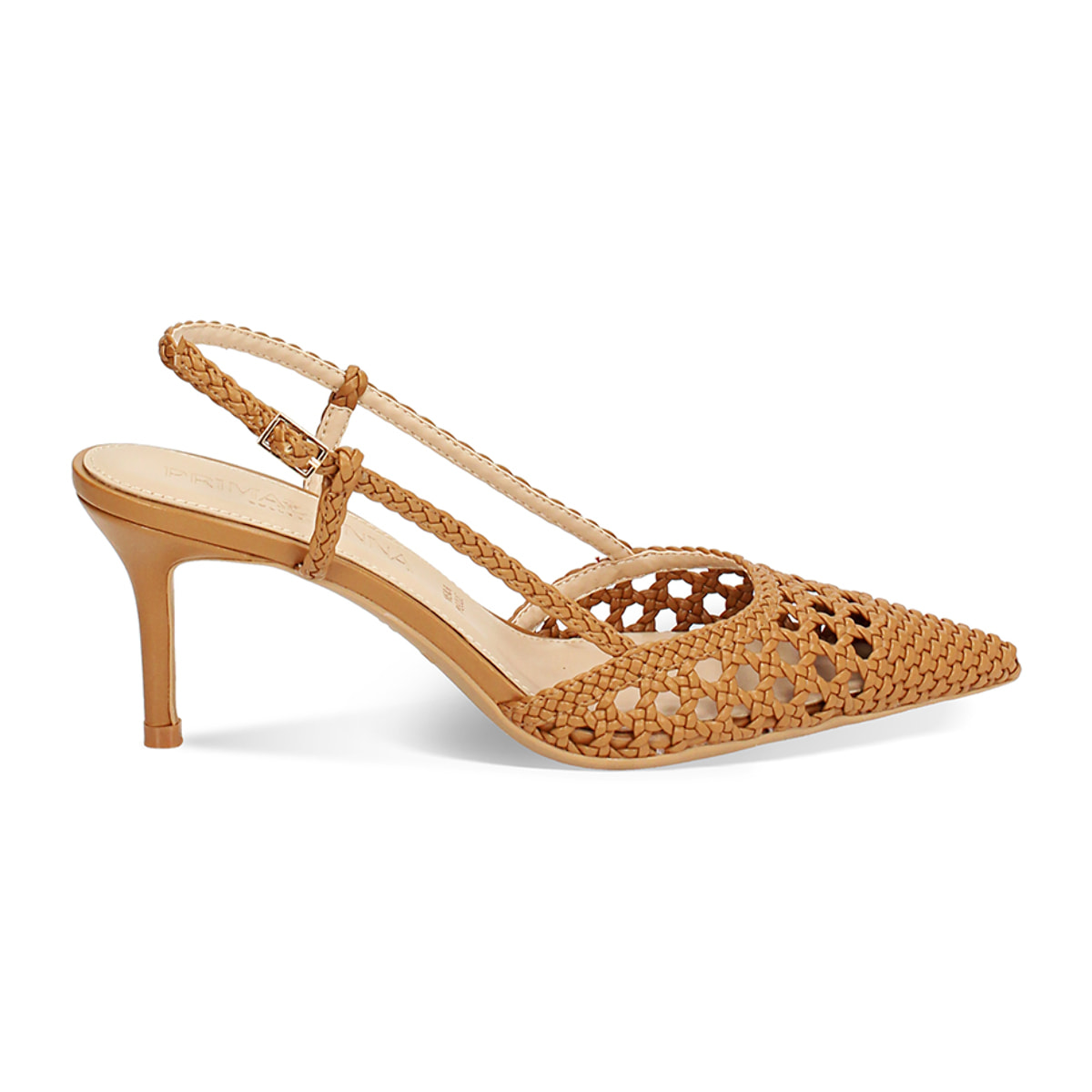 Décolleté slingback donna cognac con intreccio, tacco 7 cm