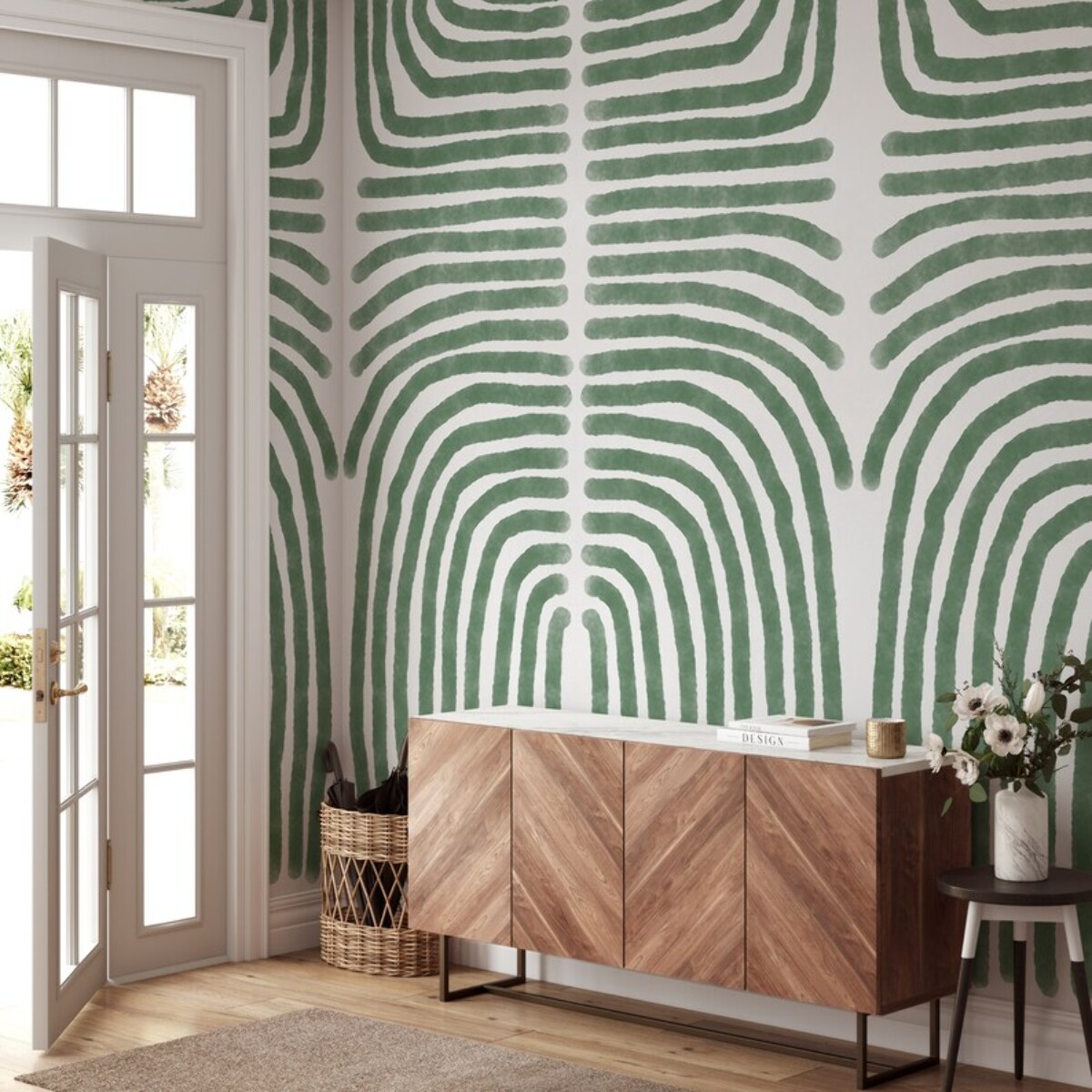 Carta da Parati Boho Astratta Verde e Bianca