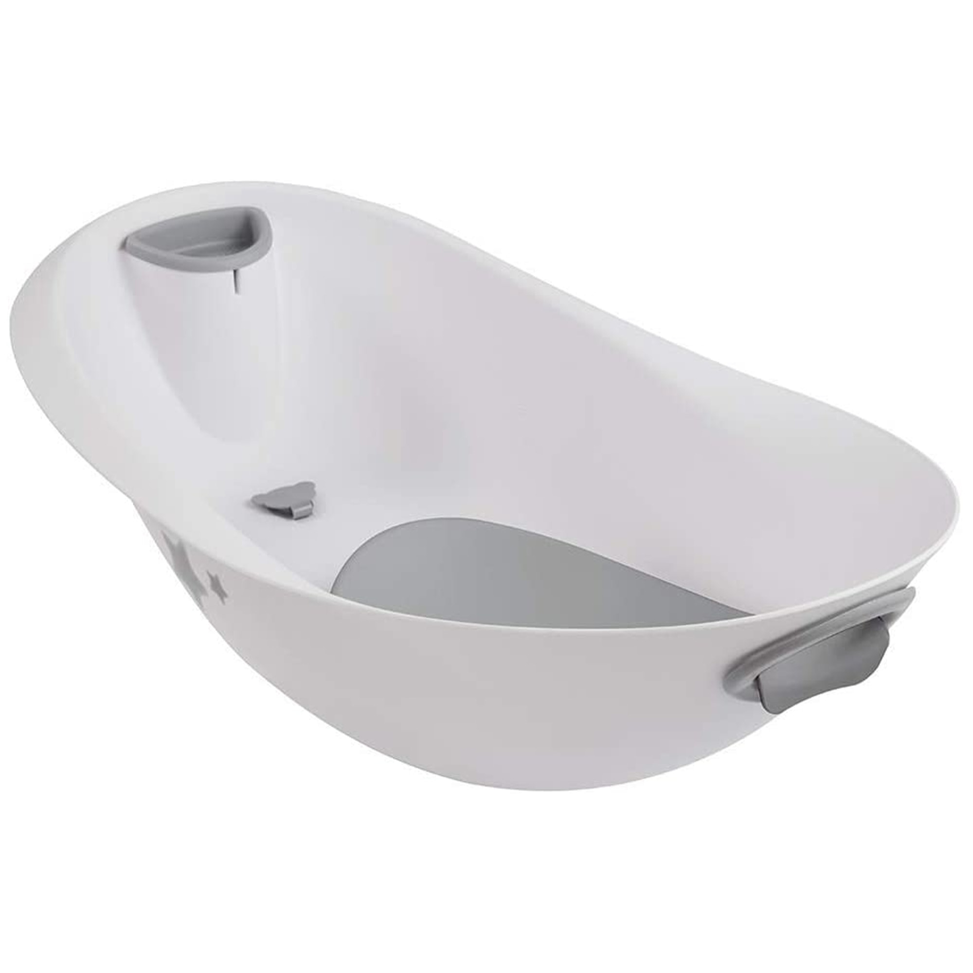 Bañera ergonómica con asas suaves stars, tapón y asiento anatómico, de 0 a 6 meses, natalia, blanco