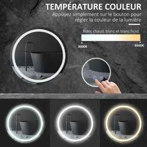 Miroir salle de bain lumineux LED 35 W - dim. Ø 60 x 4H cm - fonction anti-buée, interrupteur tactile, luminosité réglable - alu. verre