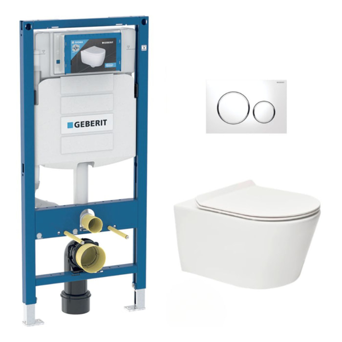 Pack WC sans bride Brevis, fixations invisibles + Abattant slim softclose + Bâti Geberit UP320 + Plaque blanc/chromé