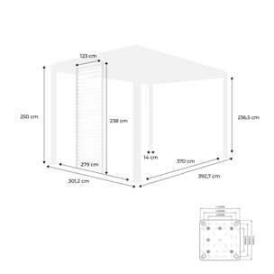 Pergola bioclimatique Triomphe 3x4 + 3 persiennes 130cm pour le côté de 4m. panneau brise vue. L 400 x P 300 x H 250 cm