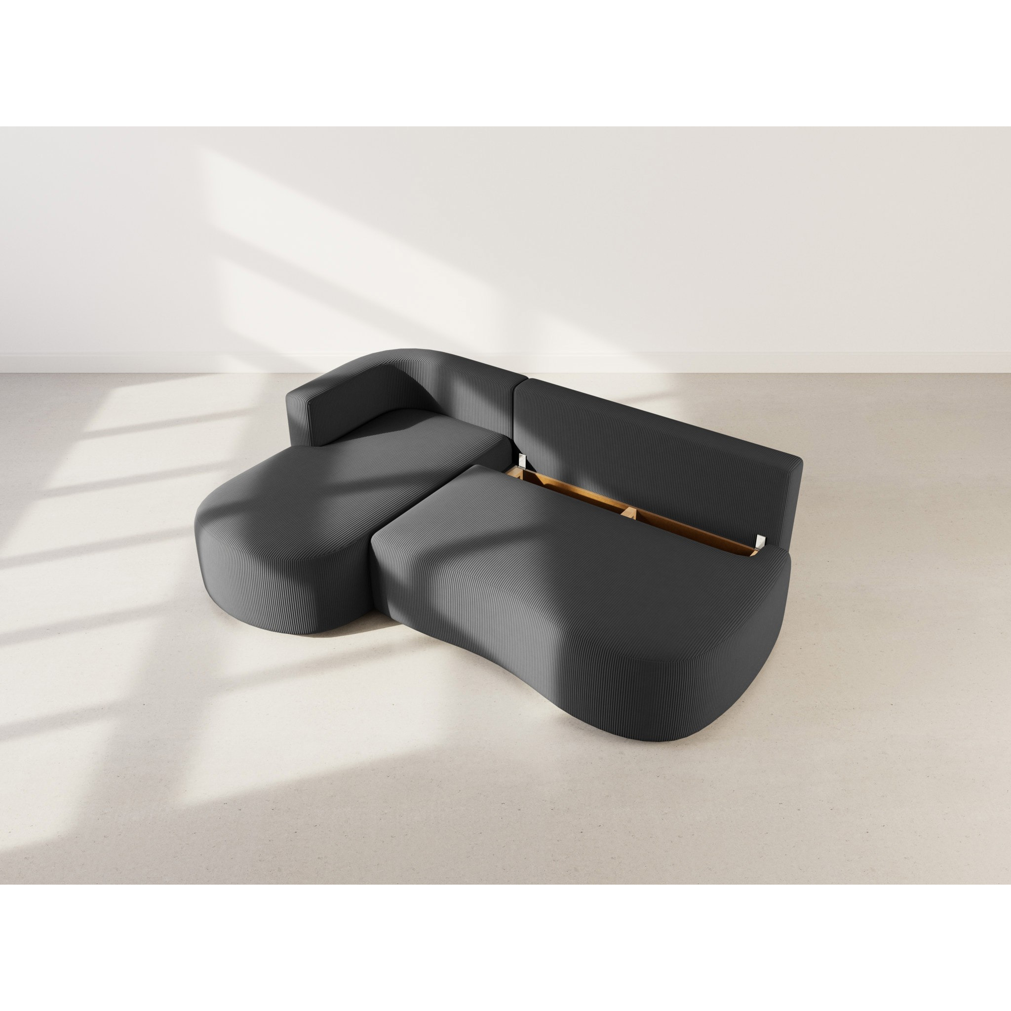 Mahina - canapé d'angle gauche 4 places convertible avec coffre en velours côtelé - Noir