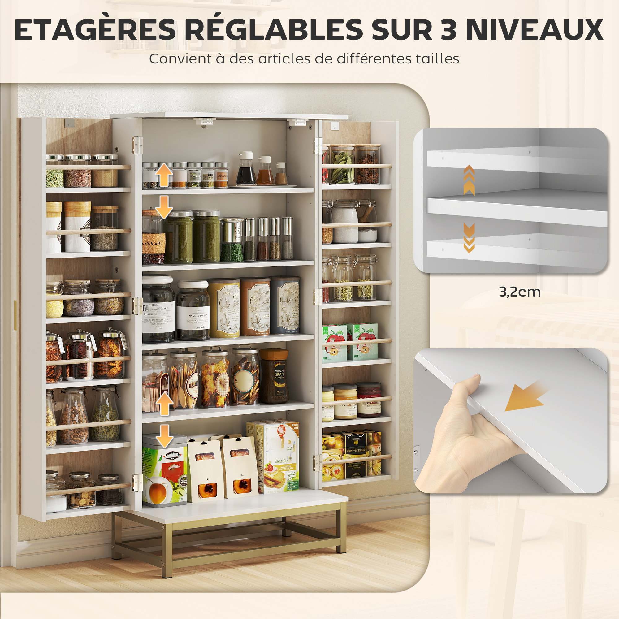 Armoire de cuisine design 2 portes effet claustra bois - 12 étagères de porte + 4 étagères internes - acier doré blanc