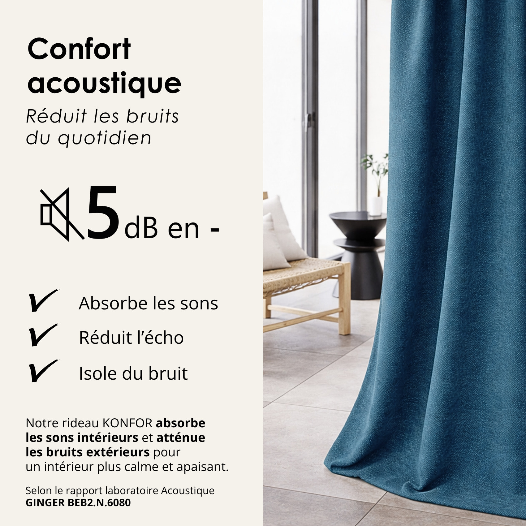 Rideau thermique phonique et semi occultant à galons fronceurs KONFOR - Bleu Paon