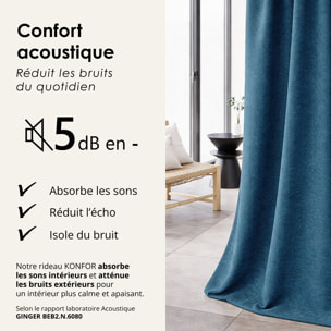 Rideau thermique phonique et semi occultant à galons fronceurs KONFOR - Bleu Paon