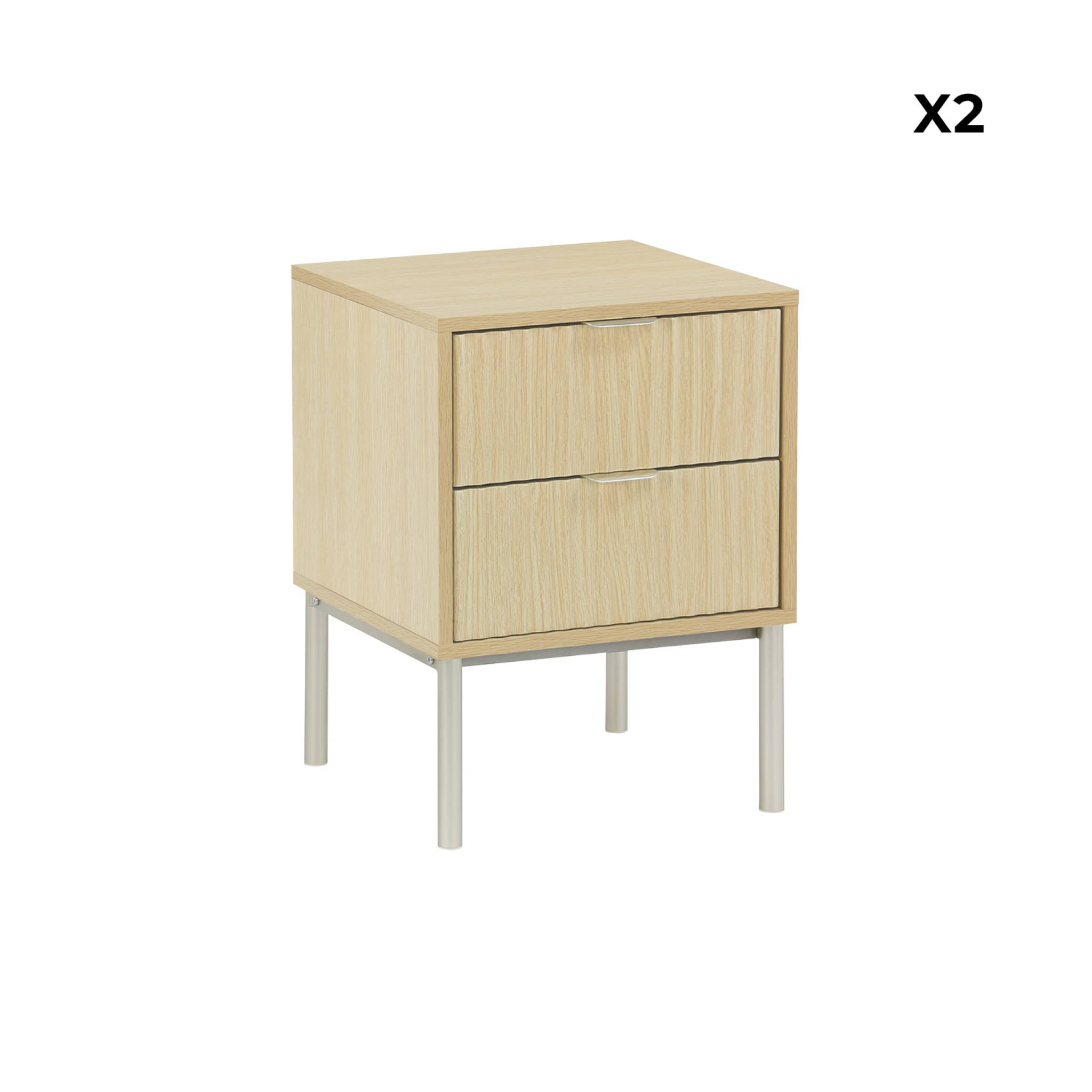 Lot de 2 tables de chevet effet bois rainuré et métal. pieds métal champagne. 2 tiroirs
