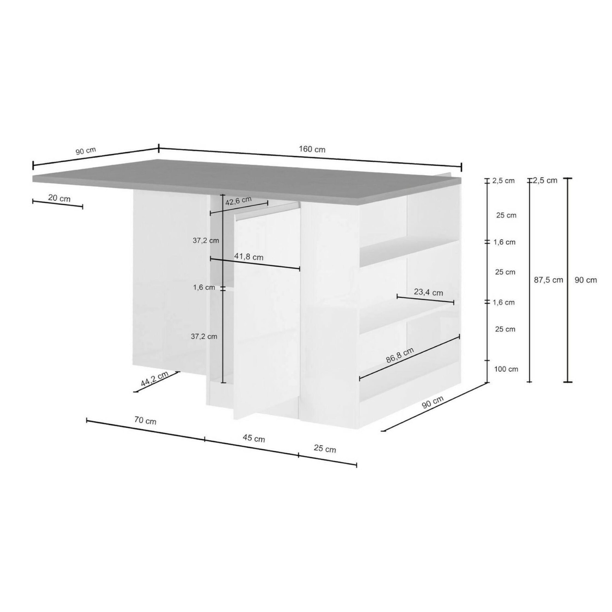 Isola da cucina Dcannaval, Tavolo ausiliario portaoggetti, Mobile da cucina a 2 ante, 100% Made in Italy, 160x90h90 cm, Bianco lucido e Rovere