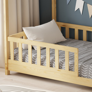 Lit Cabane Tchoupi 90 x 190 cm, Couleur Bois, Bois de Pin Naturel, avec barrières latérales de sécurité