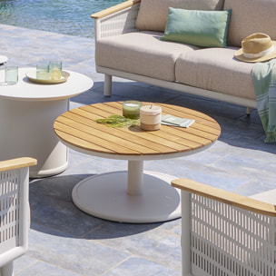 Table basse de jardin ronde "Olimio" avoine 87 x 40cm en aluminium et teck