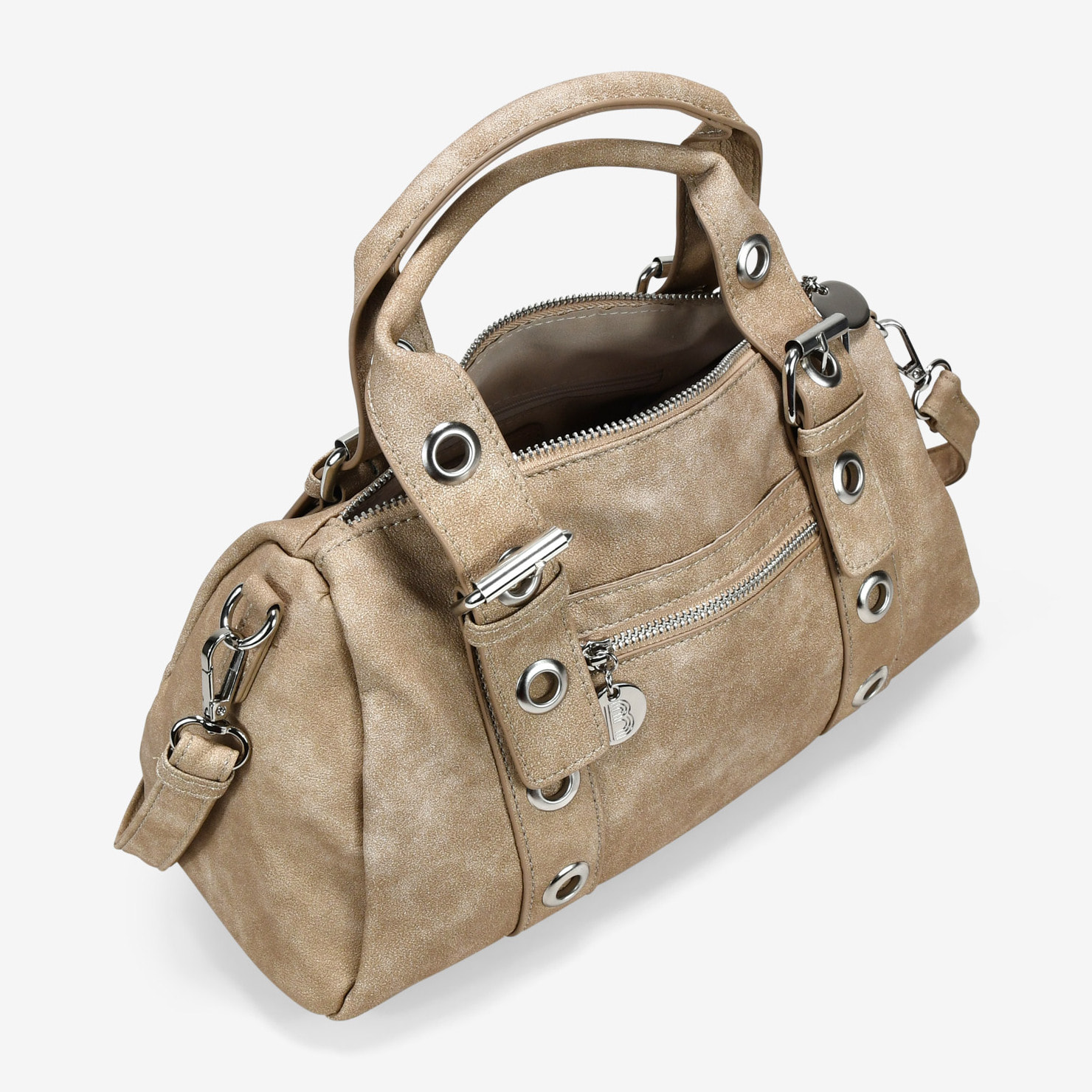 Bolso de mano arena con hebillas y tachuelas redondas