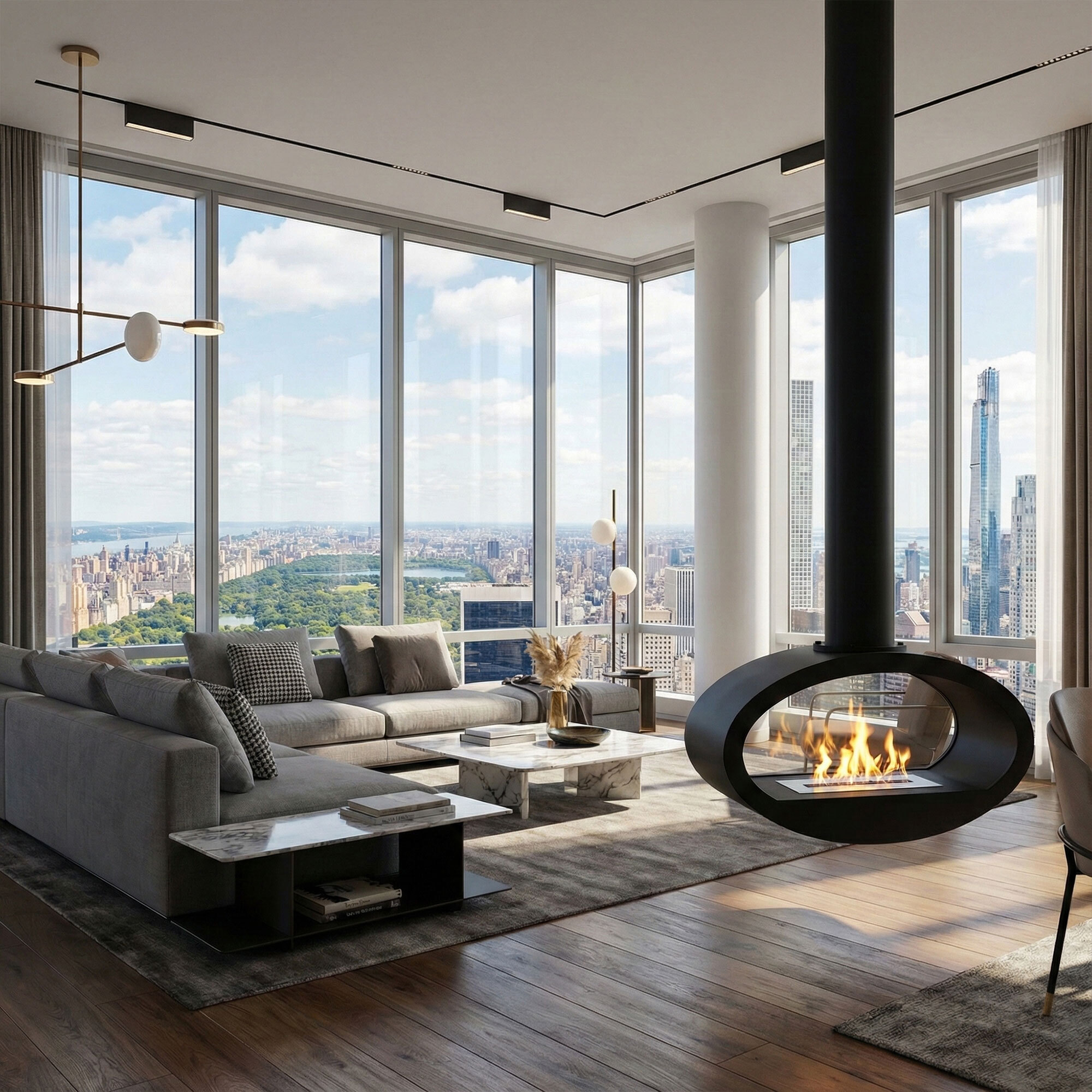 Nerone - Camino a Bioetanolo da Soffitto Sospeso Bifacciale 65x220x40 cm con Bruciatore 2,2 Litri Nero