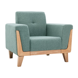 Fauteuil scandinave en tissu vert de gris et bois clair FJORD