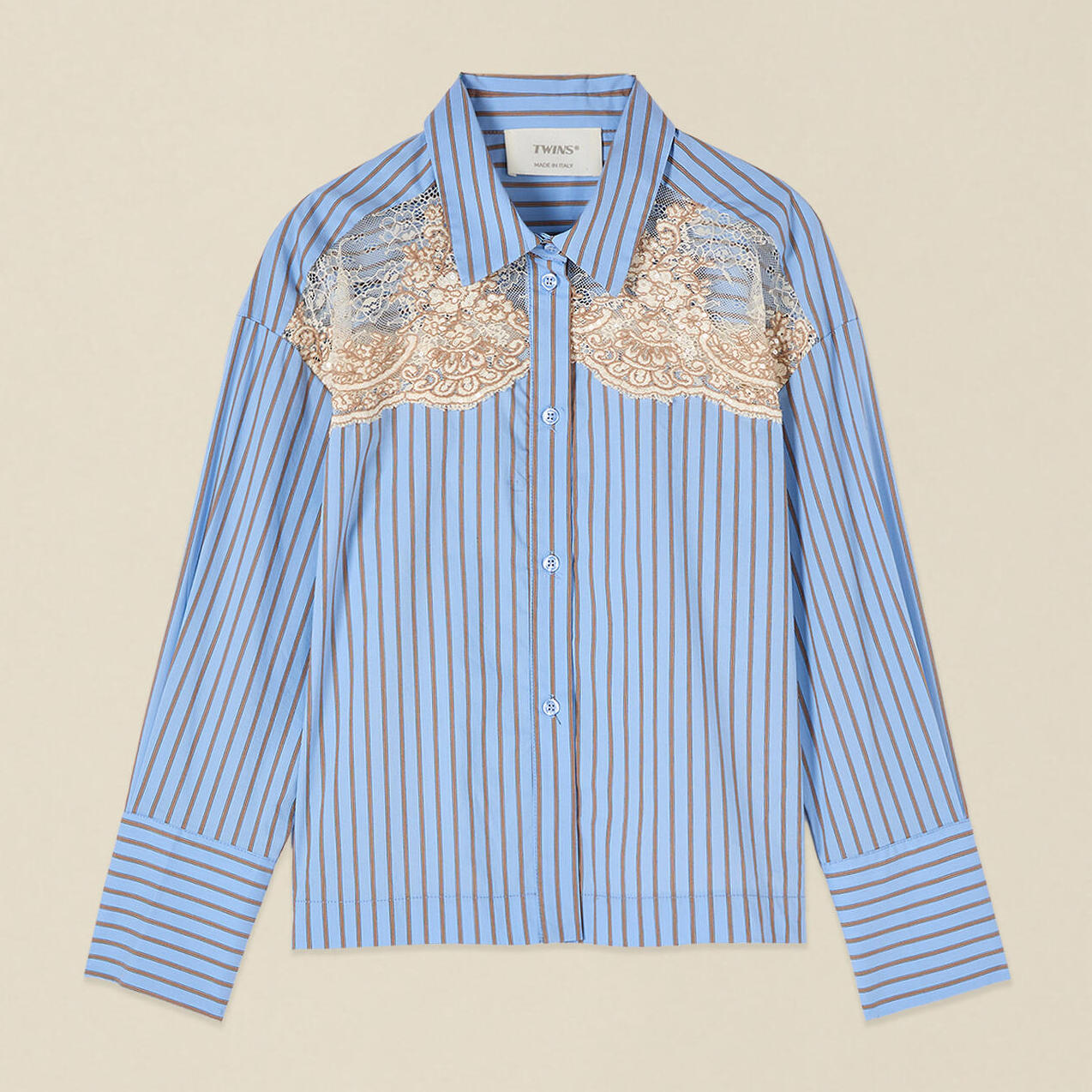 Oltre - Camicia a righe con inserti in pizzo - Azzurro