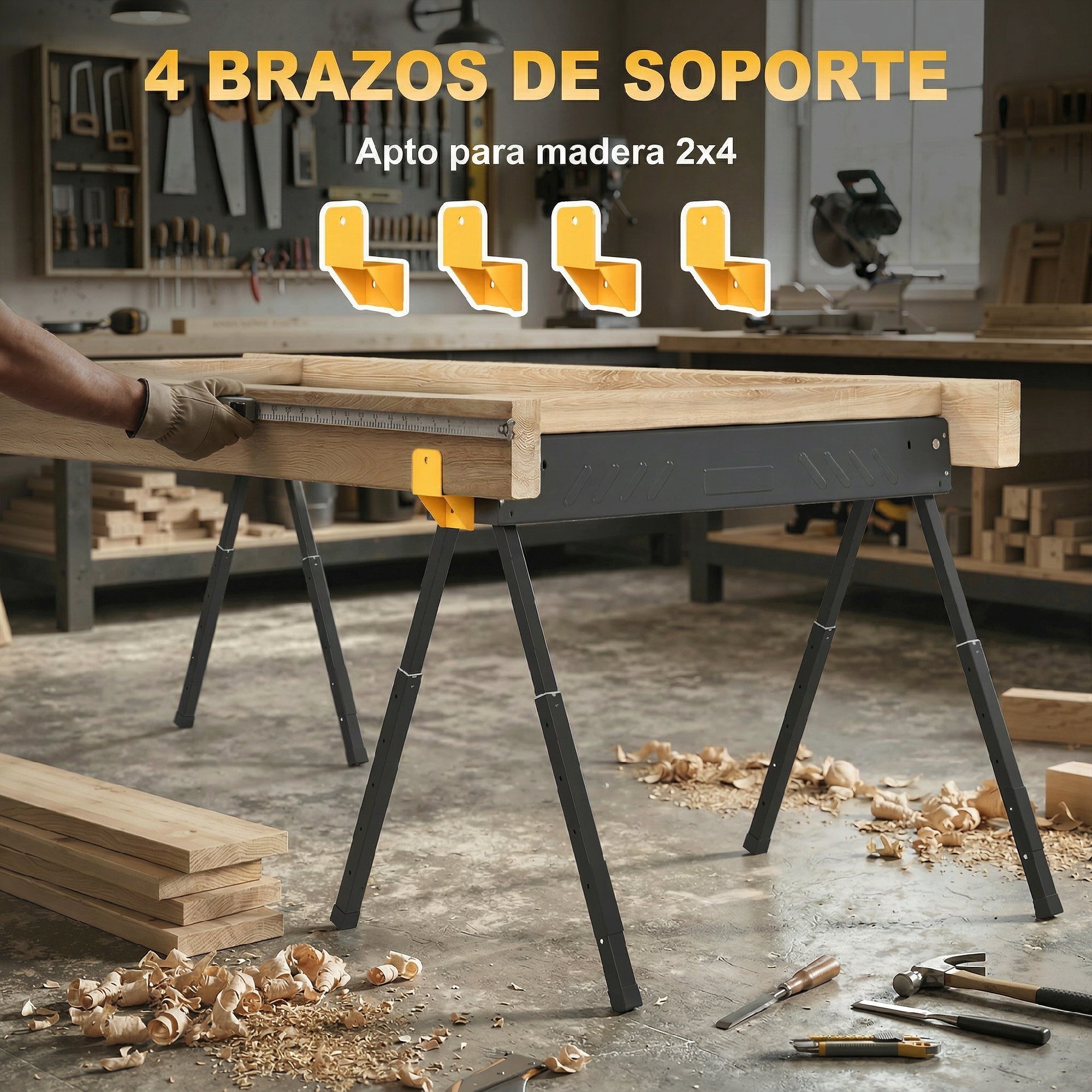 Set de 2 Caballetes para Sierra Plegables, Banco de Trabajo, Altura Ajustable, para Madera 2x4, con Asa, Ganchos, Base Antideslizante, para Carpintería y Bricolaje, Soporta hasta 500 kg, Negro