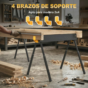 Set de 2 Caballetes para Sierra Plegables, Banco de Trabajo, Altura Ajustable, para Madera 2x4, con Asa, Ganchos, Base Antideslizante, para Carpintería y Bricolaje, Soporta hasta 500 kg, Negro
