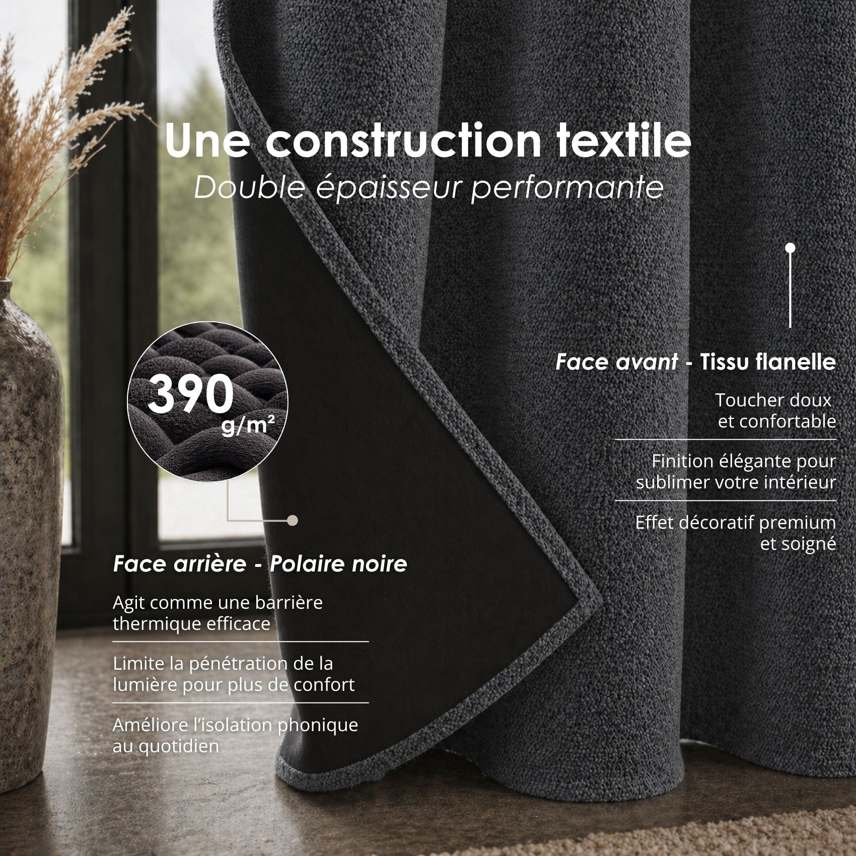 Rideau thermique phonique et semi occultant à galons fronceurs KONFOR - Gris anthracite