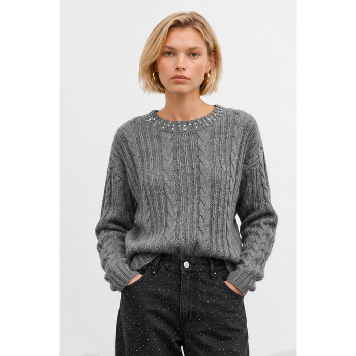 Kocca - Maglia donna misto lana a trecce con girocollo decorato Donna