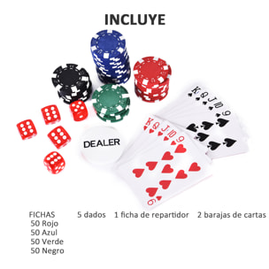 Maletín de Poker Profesional de Aluminio con 200 Fichas Juego Set de Poker Casino con 5 Dados 2 Barajas de Cartas y 1 Ficha de Crupier 29,5x20,5x6,5 cm Multicolor