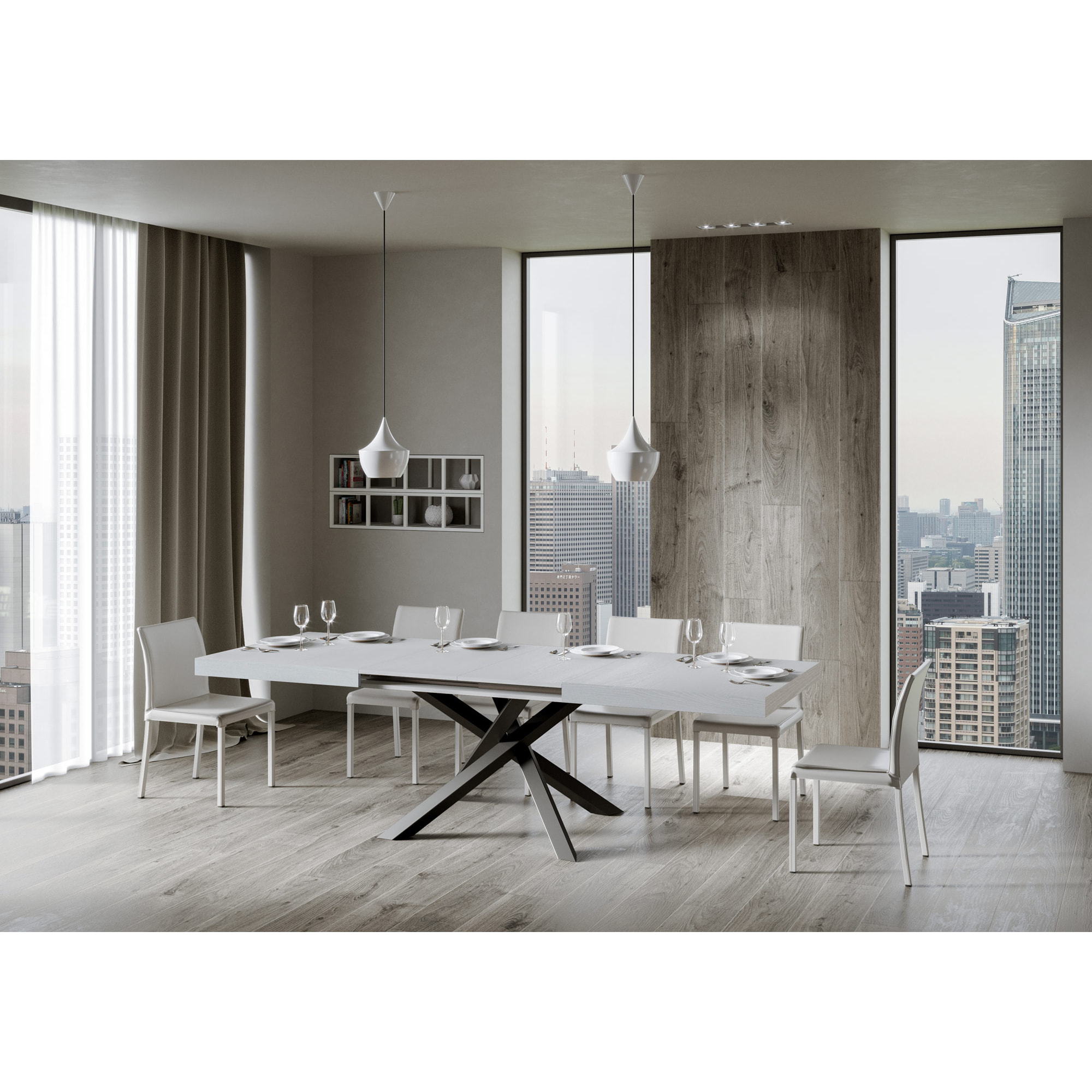 Mesa extensible 90x180/440 cm Volantis Fresno Blanco estructura Antracita