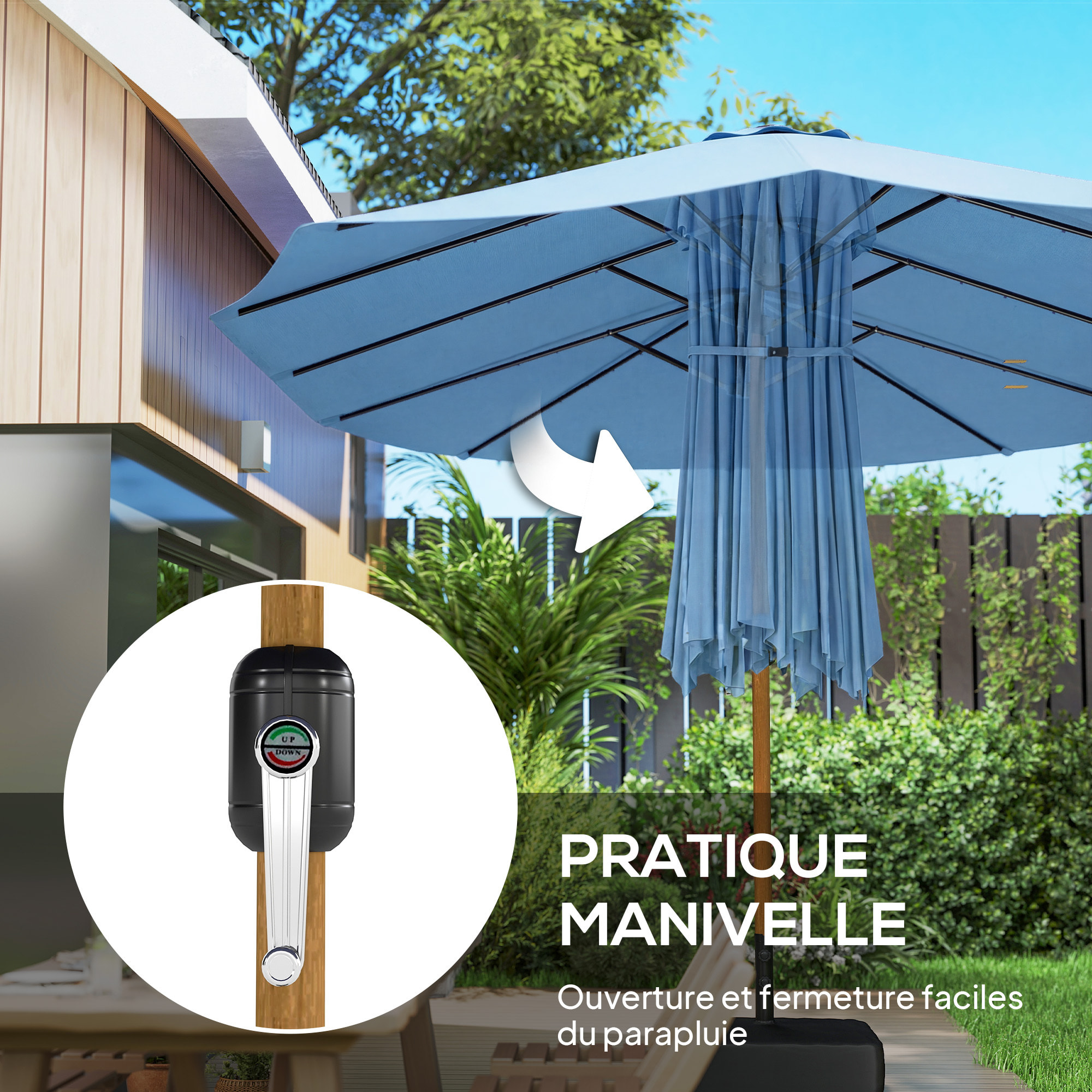 Parasol de jardin double XXL mât métal effet bois manivelle pied à lester inclus