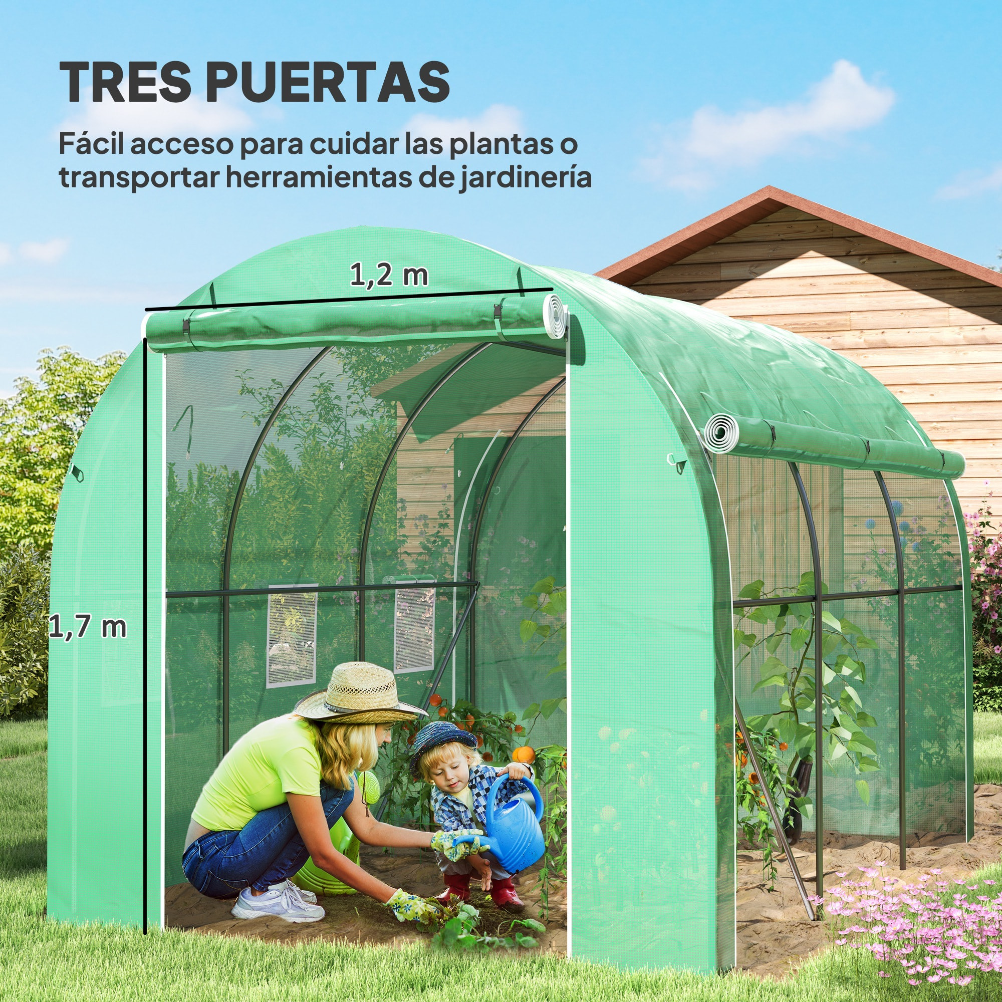 Invernadero de Túnel 296x196x200 cm Invernadero de Jardín con 3 Puertas Enrollables 6 Ventanas Cubierta PE 140g/m² Estructura de Acero Galvanizado para Cultivos Plantas Flores Verde