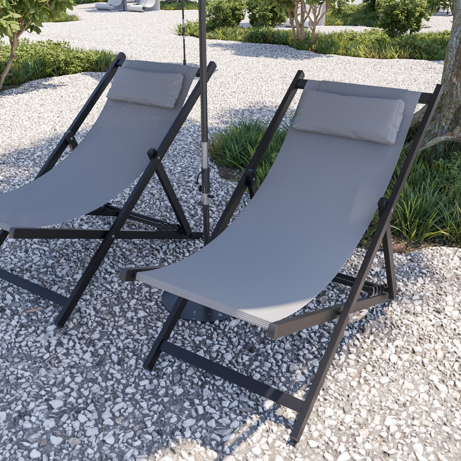 Set di 2 Sedie Sdraio Leggera Da Giardino Schienale Regolabile 5 Posizioni Pieghevole Con Cuscino Struttura Nera In Alluminio Portata 160 Kg Grigio