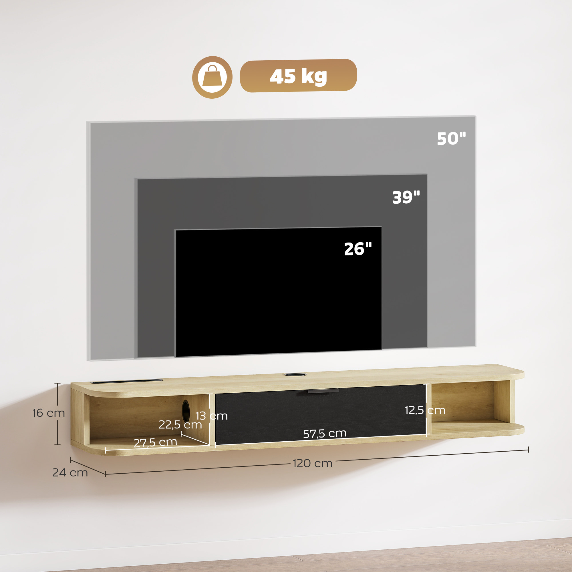 Meuble TV suspendu 120cm - porte, 2 niches, espace routeur, passe-fils - effet bois clair noir