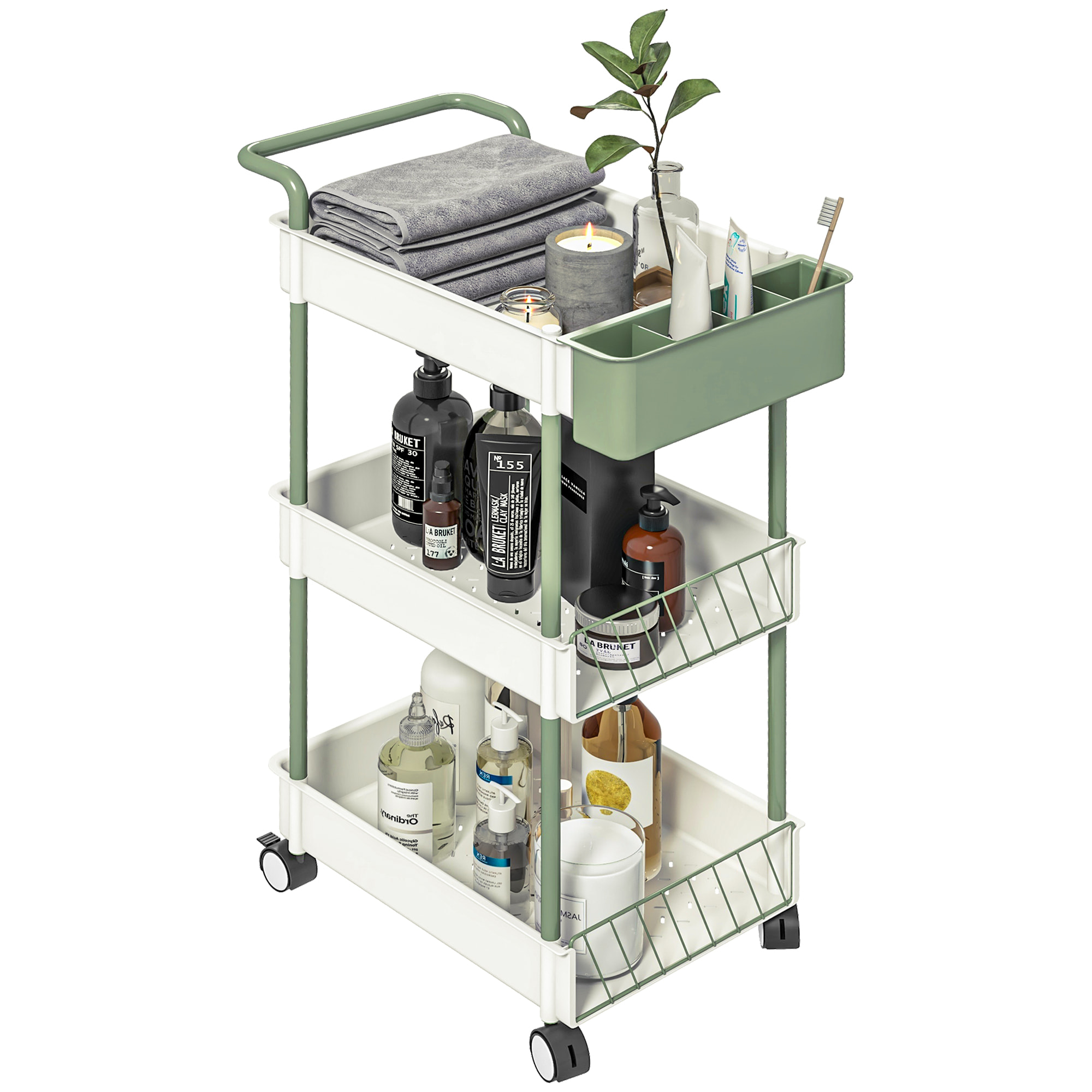 Carrito de Almacenamiento de 3 Niveles Carrito de Cocina con Asa y Caja Extraíble para Salón Comedor Oficina Baño 50x29,4x77 cm Blanco