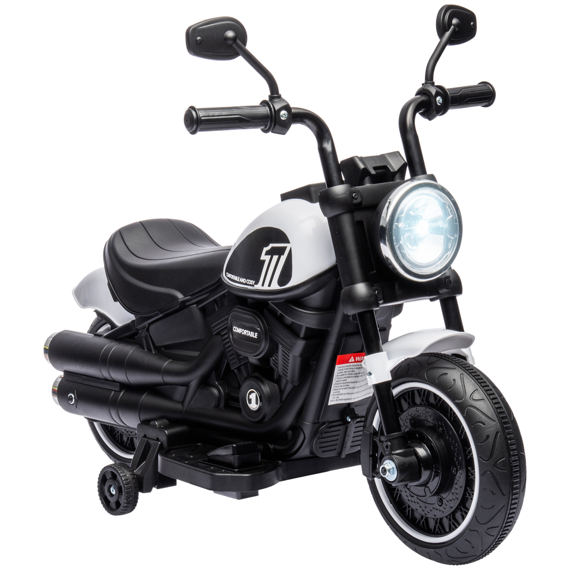 Moto Eléctrica para Niños de 18-36 Meses, Moto Eléctrica Infantil con Batería 6V, Faro y Ruedas Auxiliares Desmontables, Carga 25 kg, Blanco