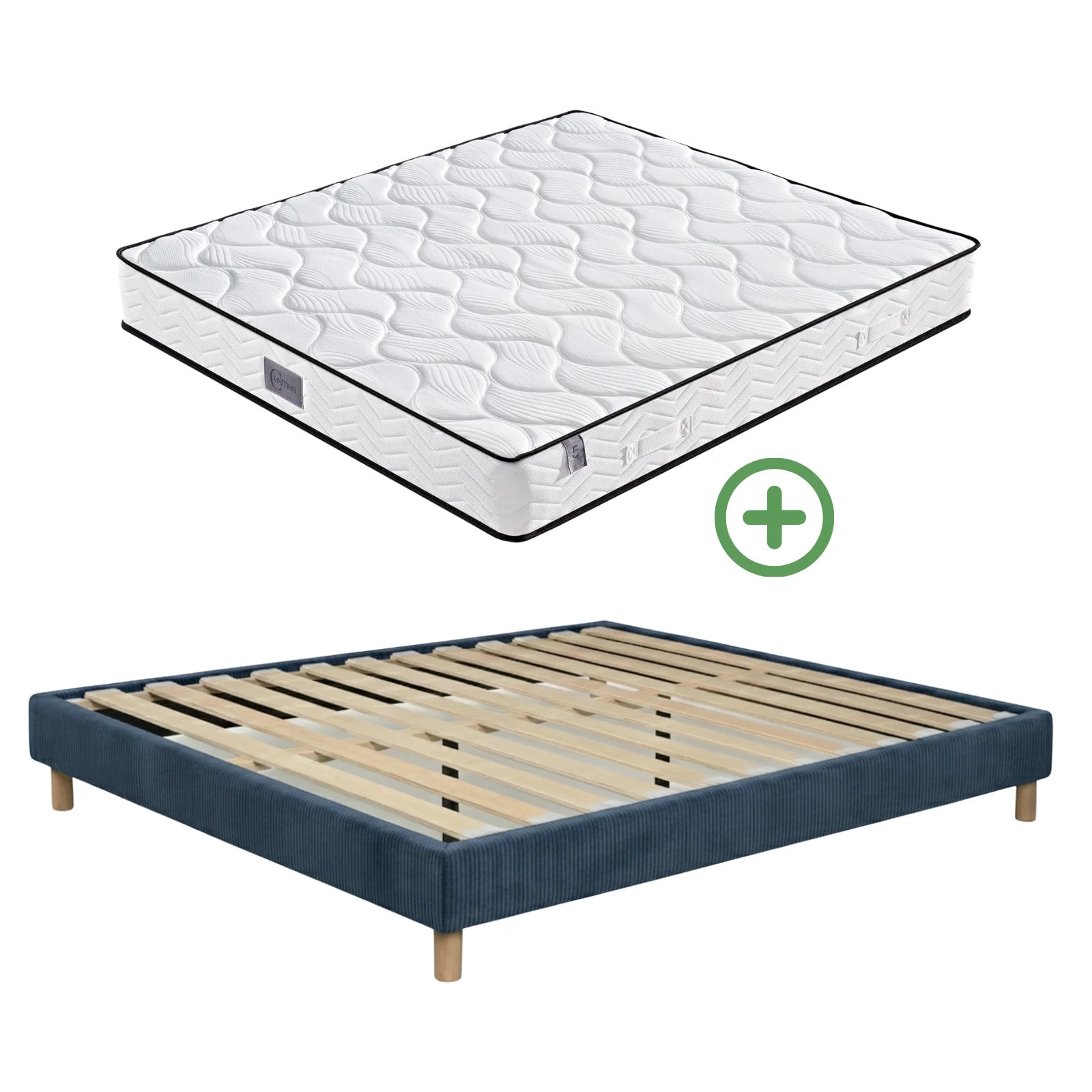 Ensemble matelas Univers & sommier Cancun | Mémoire de forme et ressorts ensachés | Cadre à lattes | Velours côtelé | Bleu nuit